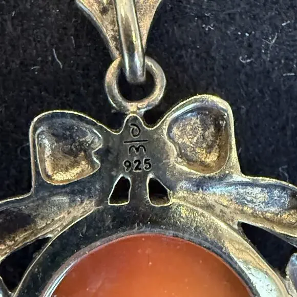 Vintage Sterling Silver Shell Cameo Pendant Necklace 925 Carved Lady Bow Pearl